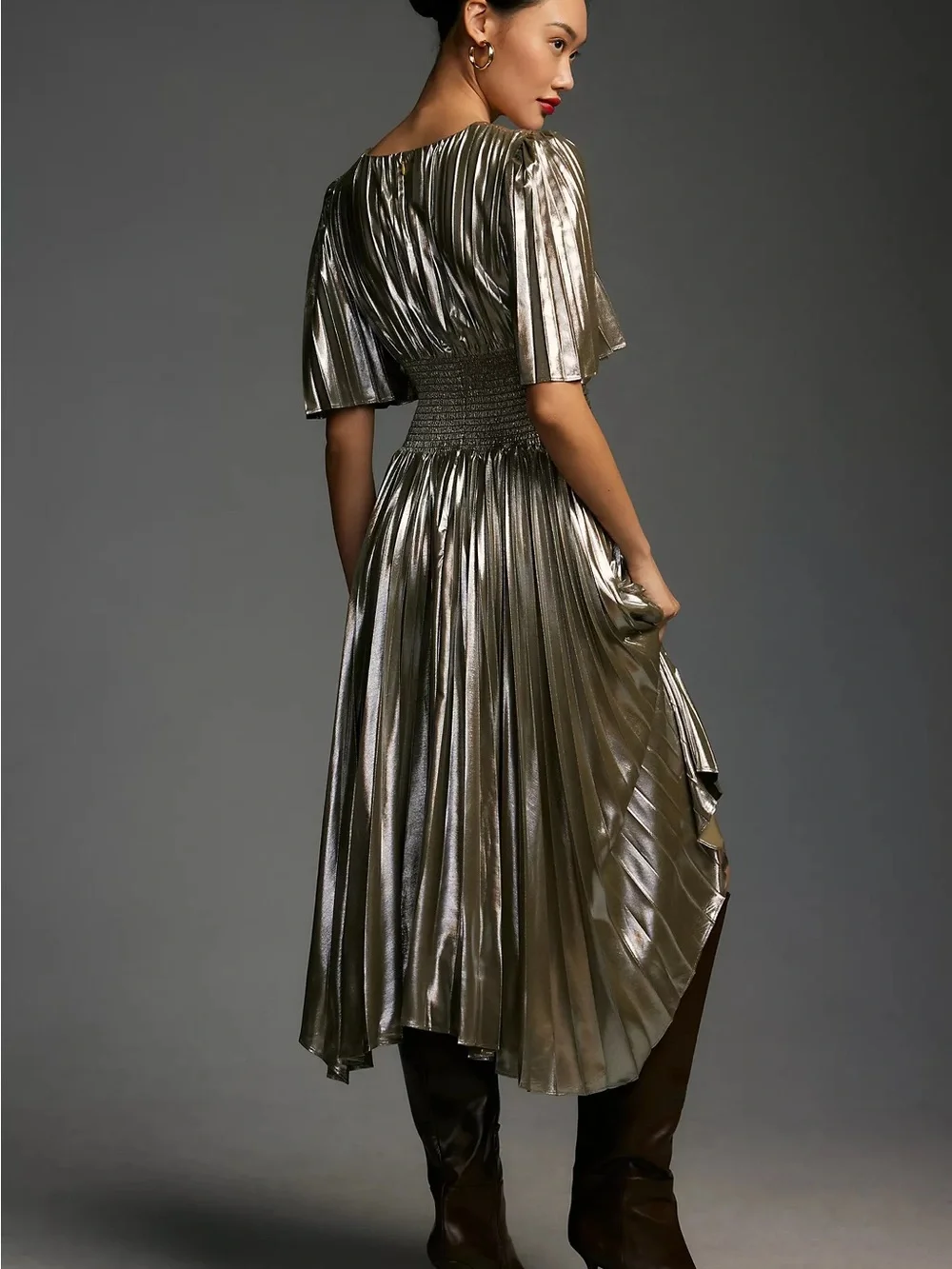 Anthropologie Short Sleeve Metallic Metallic Cutout Midi Dress - Picture 2 of 6